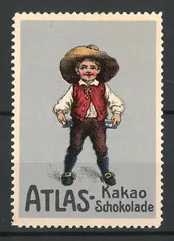 Reklamemarke Atlas-Kakao Schokolade, Knabe mit Schokoladentafeln in den Hosentaschen