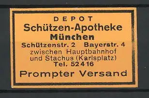 Reklamemarke Schützen-Apotheke München, Schützenstrasse 2