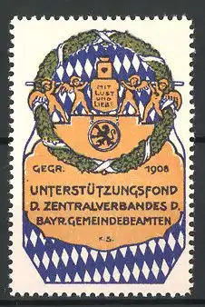 Künstler-Reklamemarke Unterstützungsfond d. Zentralverbandes d. Bayr. Gemeindebeamten, Engel und Wappen