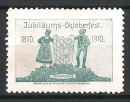 Reklamemarke Jubiläums-Otoberfest 1810-1910, Paar mit Wappen in Niederbayrischer Tracht
