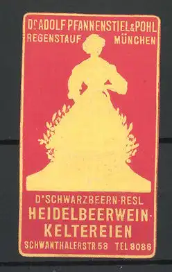 Präge-Reklamemarke Heidelbeerwein Keltereien, Dr. Adolf Pfannenstiehl München, D'Schwarzbeern-Resl