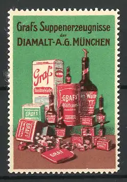 Reklamemarke Graf's Suppenerzeugnisse der Diamalt-AG München, Suppenwürfel und -flaschen