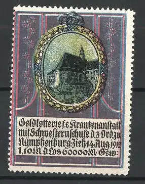 Reklamemarke Geldlotterie f. e. Krankenanstalt Nymphenburg 1912, Gebäudeansicht