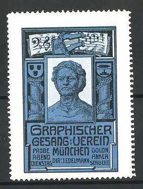Reklamemarke München, Graphischer Gesangverein, Männer-Portrait, blau