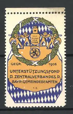 Reklamemarke Unterstützungsfond des Zentralverbandes Bayr. Gemeindebeamte, Wappen & Putten