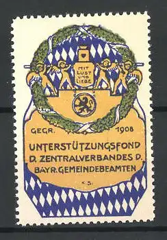 Reklamemarke Unterstützungsfond des Zentralverbandes Bayr. Gemeindebeamte, Wappen mit Putten