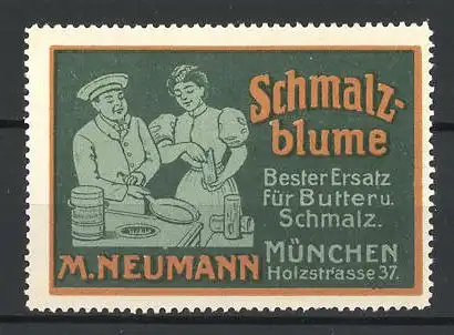 Reklamemarke München, Schmalzblume M. Neumann, Koch & Dienstmädchen