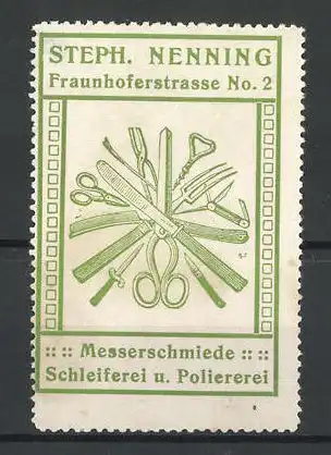 Reklamemarke München, Messerschmiede Steph. Nenning, verschiedene Werkzeuge, grün
