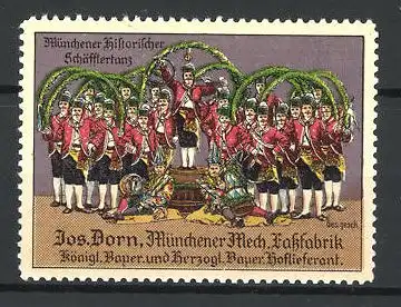 Reklamemarke historischer Münchner Schäfflertanz, Tangruppe in bayerischer Tracht