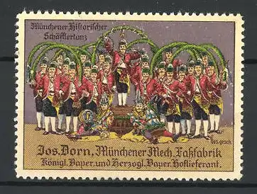 Reklamemarke historischer Münchner Schäfflertanz, Tangruppe in bayerischer Tracht
