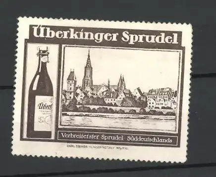 Reklamemarke Überkinger Sprudel-Mineralwasser, Ortsansicht und Wasserflasche