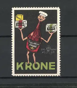 Reklamemarke Krone Suppenwürfel und Bouillon, Suppenwürzenflasche mit Armen, Beinen und Kopf
