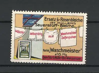 Reklamemarke Waschmeister-Sauerstoffbleiche, Wäscheleine und Bleicheverpackung