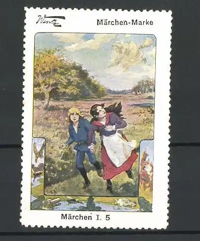 Reklamemarke Märchen, Knabe und Mädchen auf der Flucht