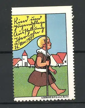 Reklamemarke Iserlohn, Kind und Jugendpflege-Ausstellung 1913, Kind mit Fahne