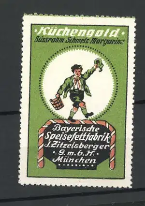 Reklamemarke Küchengold Schmelzmargarine, Bayr. Speisefettfabrik J. Zitzelsberger München, Knabe mit Fass