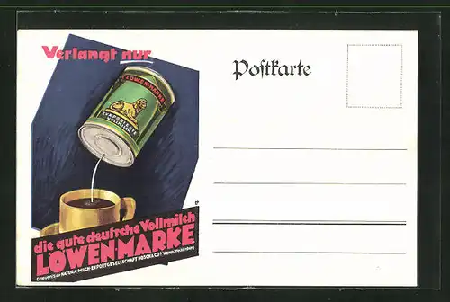 AK Kaffeetasse mit Dosenmilch, Reklame für Löwenmarke, die gute deutsche Vollmilch