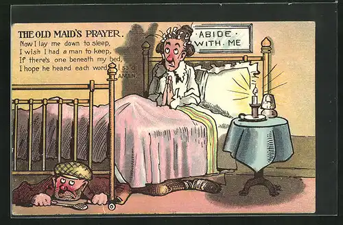 AK The Old Maid`s Prayer, Betende Frau mit Mann unterm Bett
