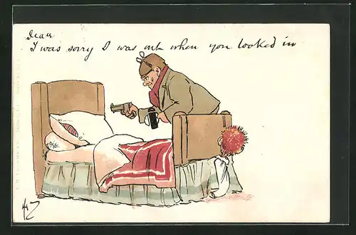 AK Herr mit Pistole und Mann unter dem Bett