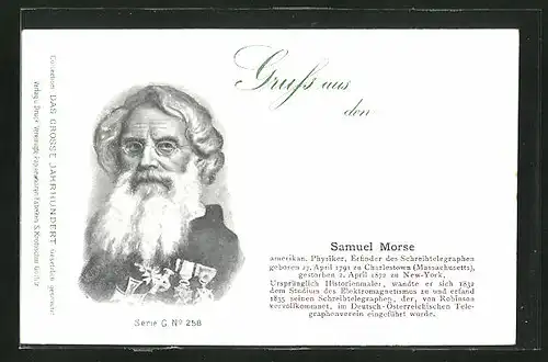 AK Portrait von Samuel Morse, Amerikanischer Physiker, Erfinder des Schreibtelegraphen, 1791-1872