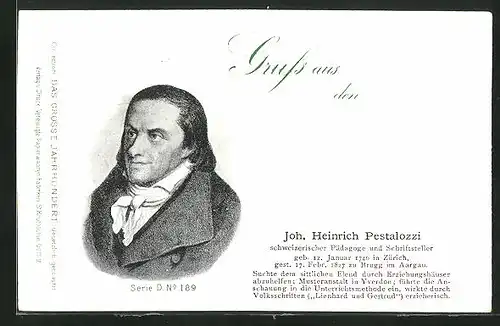 AK Portrait von Joh. Heinrich Pestalozzi, Schweizerischer Pädagoge und Schriftsteller, 1746-1827