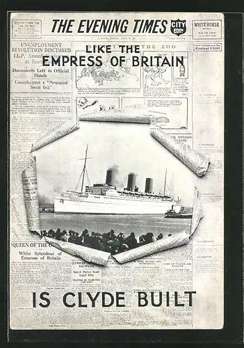 AK The Evening Times, Like the Empress of Britain is Clyde built, Zeitung, Passagierschiff