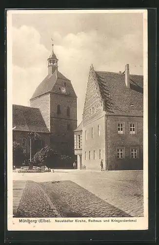AK Mühlberg (Elbe), Neustädter Kirche, Rathaus und Kriegerdenkmal