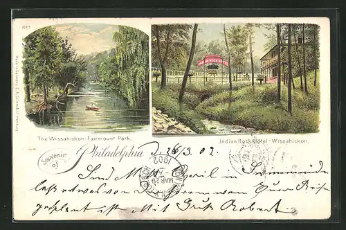 Lithographie Philadelphia, PA, the Wissahickon Fairmount Park, Indian Rock-Hotel