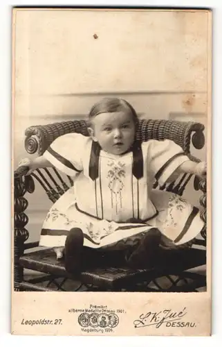 Fotografie L. K. Jue, Dessau, Portrait niedliches kleines Mädchen im bestickten Kleidchen