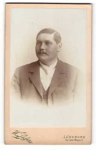 Fotografie W. Sasse, Lüneburg, Portrait bürgerlicher Herr im Anzug mit Krawatte und Schnauzbart