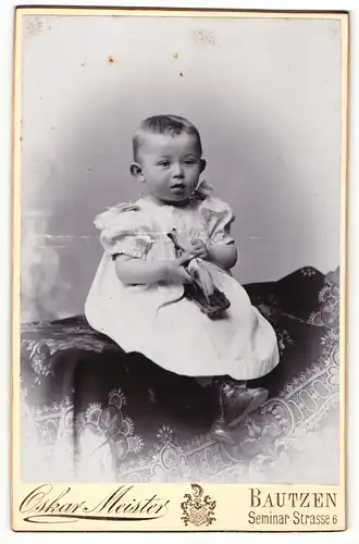 Fotografie Oskar Meister, Bautzen, Portrait sitzendes Kleinkind im weissen Kleid mit Spielzeugpferd