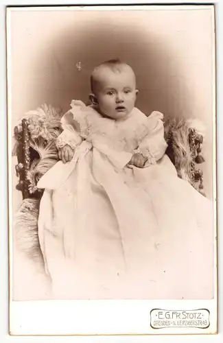 Fotografie E. G. Fr. Stotz, Dresden-N, Portrait niedliches Baby im eissen Kleid auf Fell sitzend