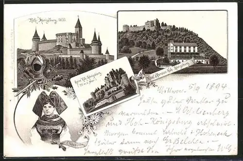 Vorläufer-AK Hoh-Königsburg, 1894, Hotel & Pension, Runie, die Burg um 1633, Elsässerin in Tracht