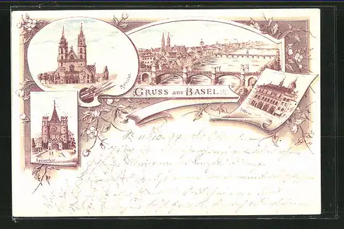Vorläufer-Lithographie Basel, 1894, Spalenthor, Münster, Rathaus, Ortspartie
