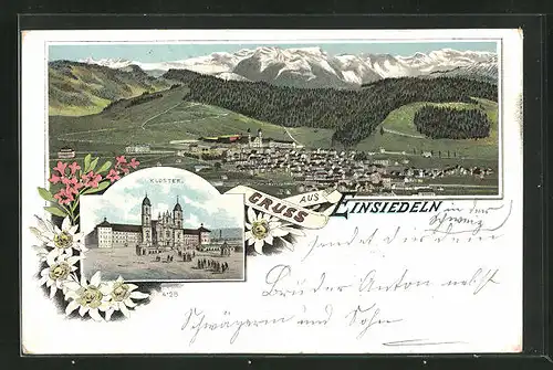 Lithographie Einsiedeln, Ortsansicht, Kloster
