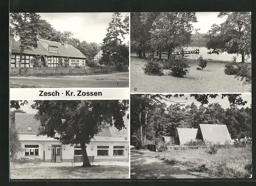 AK Zesch, Alte Försterei, Blick auf den Zescher See, Reicherts Gasthof, Bungalowsiedlung