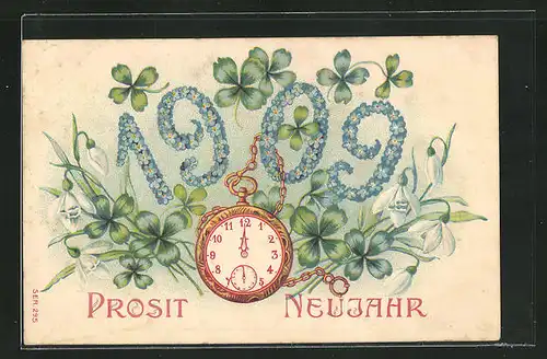 Präge-Lithographie Prosit Neujahr, Jahreszahl 1909 aus Blüten und Taschenuhr
