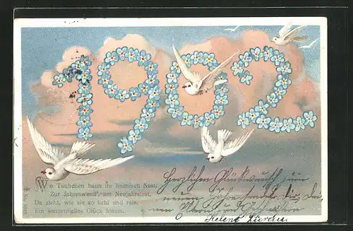 Lithographie Wo Täubchen baun ihr heimisch Nest..., Jahreszahl 1902 aus Blüten