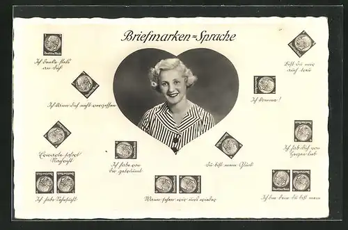 AK Briefmarkensprache, Blondes Fräulein