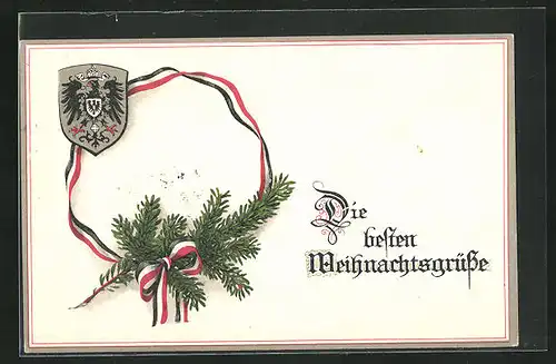 AK Die besten Weihnachtsgrüsse, Tannengrün und deutsches Band, Wappen, 1. Weltkrieg