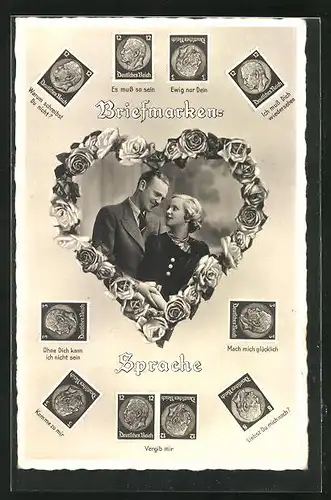 AK Briefmarken-Sprache, Liebespaar in Herz