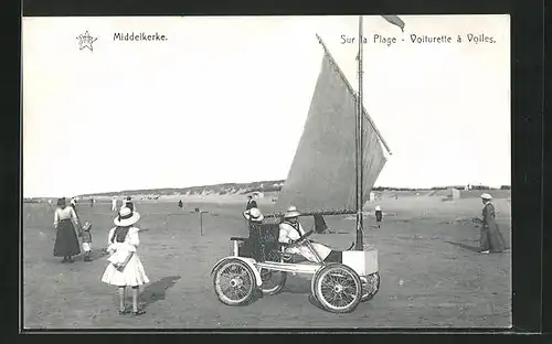 AK Middelkerke, Sur la Plage, Voiturette a Voiles, Strandwagen