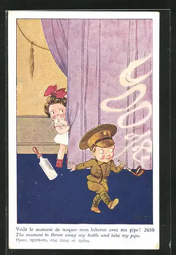 AK Kleiner Soldat mit Pfeife und weinendes Mädchen mit Flasche, Kinder Kriegspropaganda