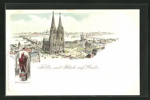Lithographie Köln, Blick auf den Dom und Deutz