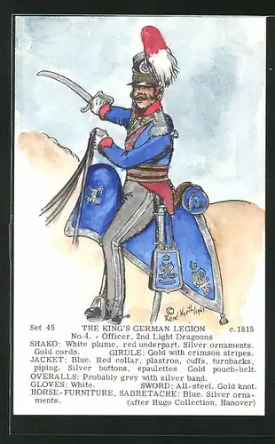 Künstler-AK Rene North: The King`s German Legion ca. 1915, Officer, 2nd Light Dragoons, Uniform, handkoloriert