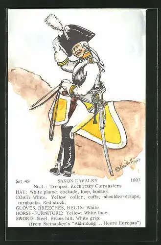 Künstler-AK Rene North: Saxon Cavalry 1803, Trooper, Kochtitzky Cuirassiers, Uniform, handkoloriert