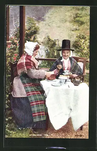 Künstler-AK Welsh Woman at Afternoon tea, Waliserinnen in Trachtenkleidern