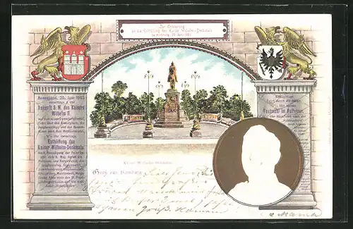 Präge-Lithographie Hamburg, Zur Erinnerung an die Enthüllung des Kaiser Wilhelm-Denkmals 1903, Portrait Wilhem II.