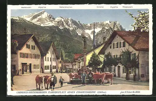 AK Garmisch-Partenkirchen, Floriansplatz gegen Zugspitzgruppe mit Höllental, Zugspitze und Waxenstein