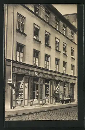 Foto-AK Geschäft Max Boltenhagen, Fassade mit Emailleschildern, Maggi, Edelweiss, Kathreiners Malzkaffee